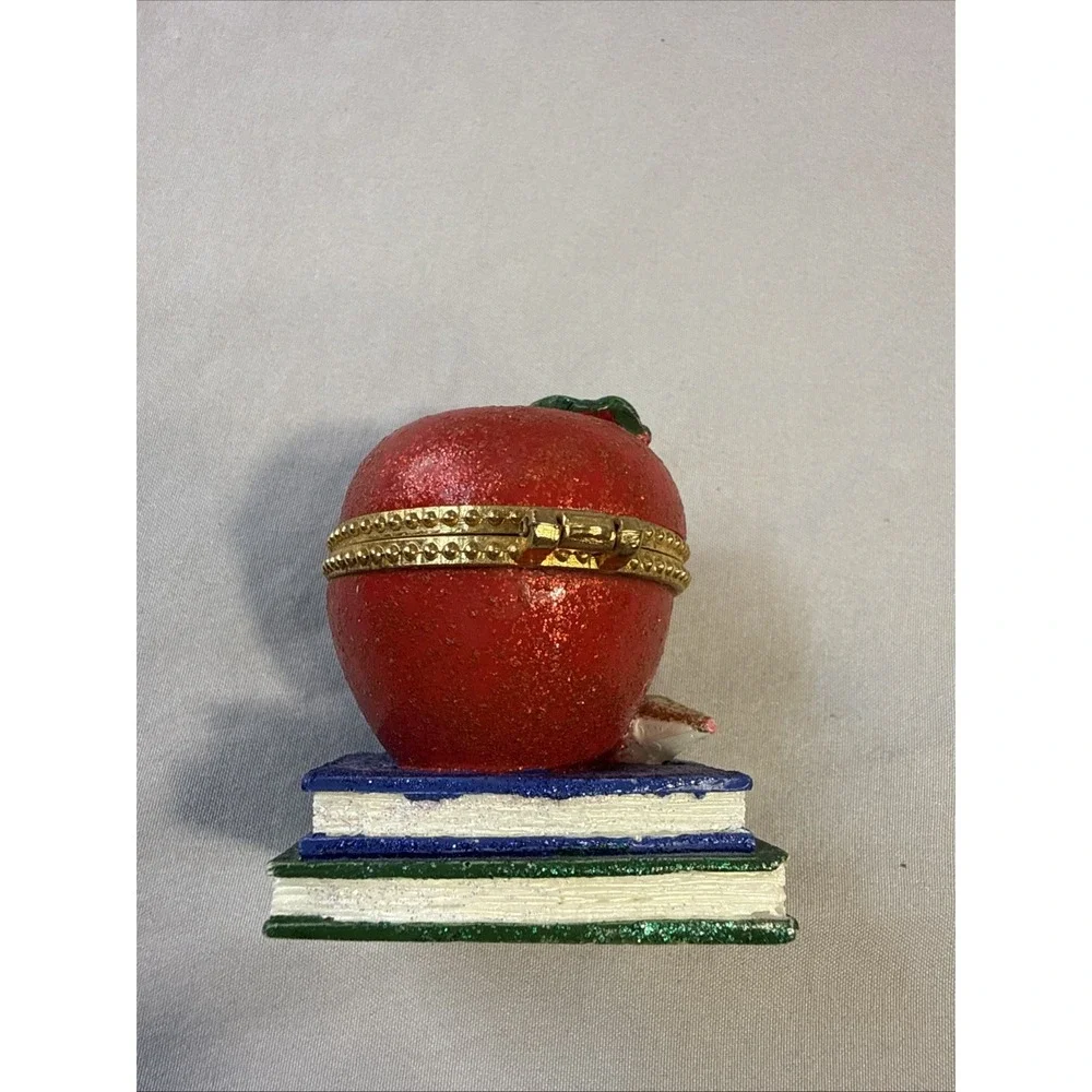 Vintage Porcelain Hinged Apple on Books Trinket Box Teacher Gift Gold Trim